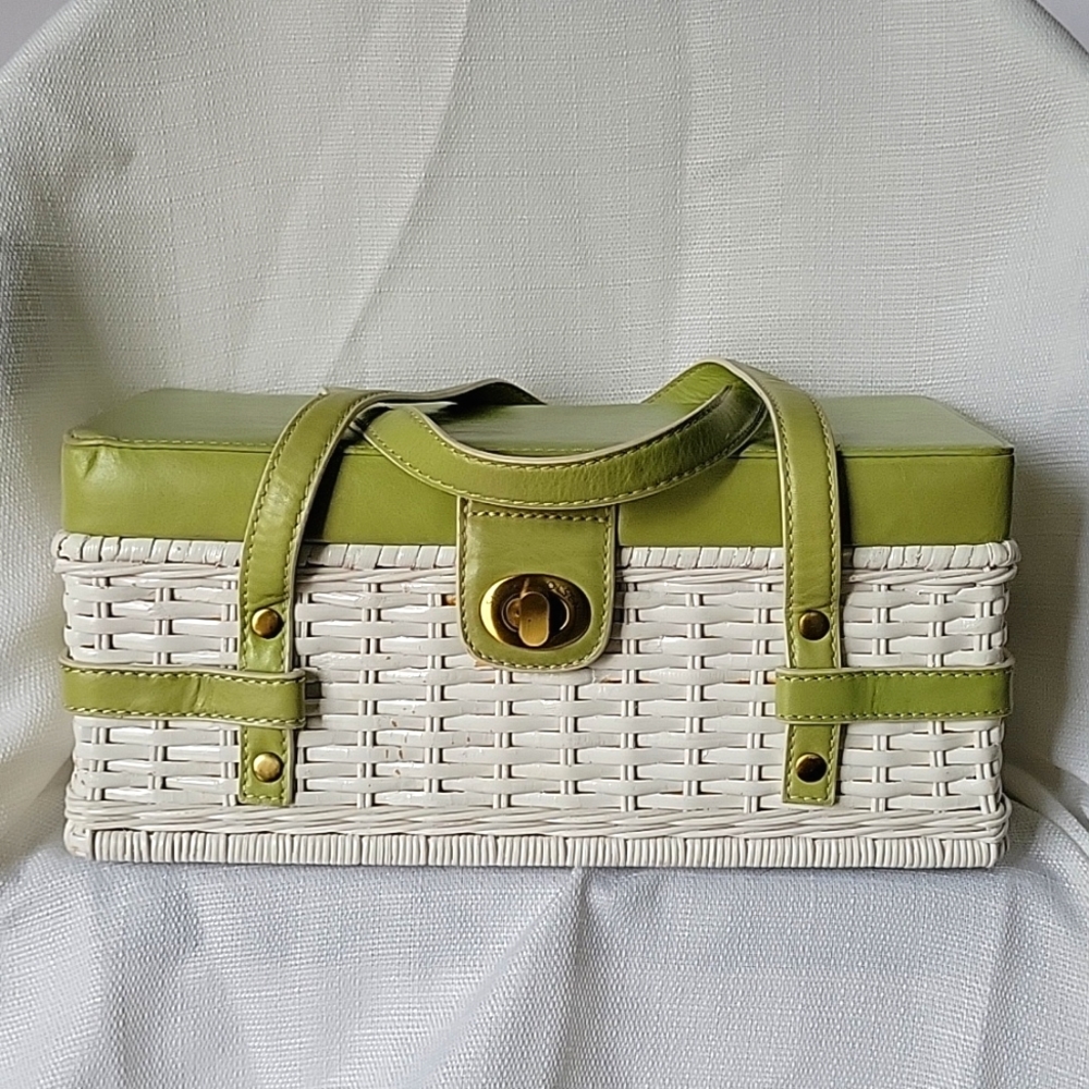 Sigrid Olsen White Rattan and Green Leather Square Basket Purse